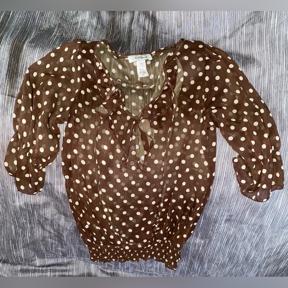 Sheer brown blouse with tan polka dots, women’s size medium
